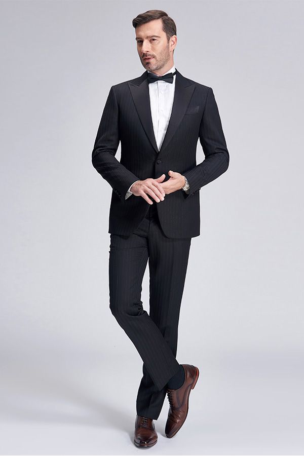 Unique Silk Peak Lapel Black Mens Suits for Wedding One Button Stripes Wedding Tuxedo-Ballbella