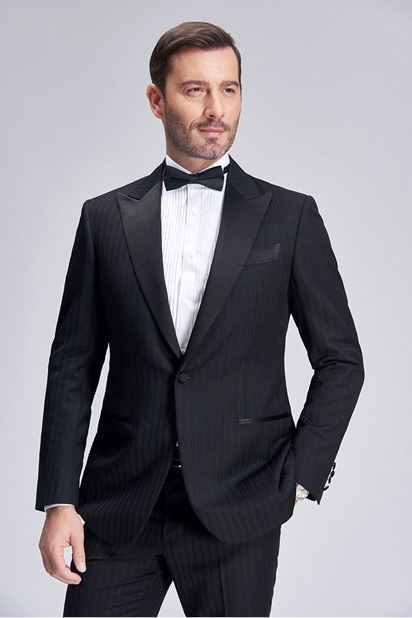 Ballbella made this Unique Silk Peak Lapel Black Mens Suits for Wedding, One Button Stripes Wedding Tuxedo with rush order service. Discover the design of this Black Stripe Single Breasted Peaked Lapel mens suits cheap for prom, wedding or formal business occasion.
