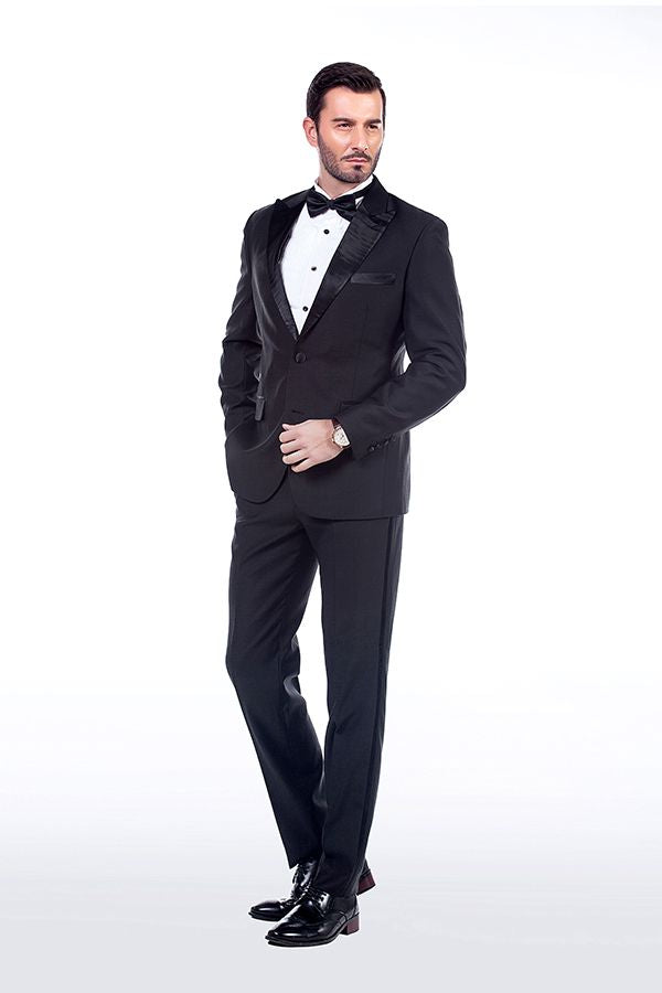 Unique Silk Peak Lapel Two Buttons Solid Black Wedding Suits for Men-Ballbella