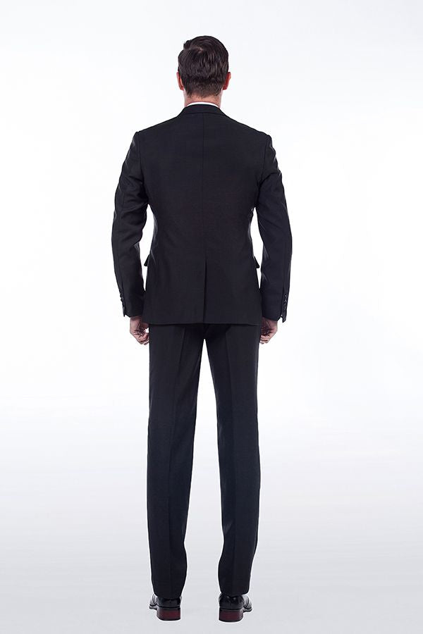 Unique Silk Peak Lapel Two Buttons Solid Black Wedding Suits for Men-Ballbella