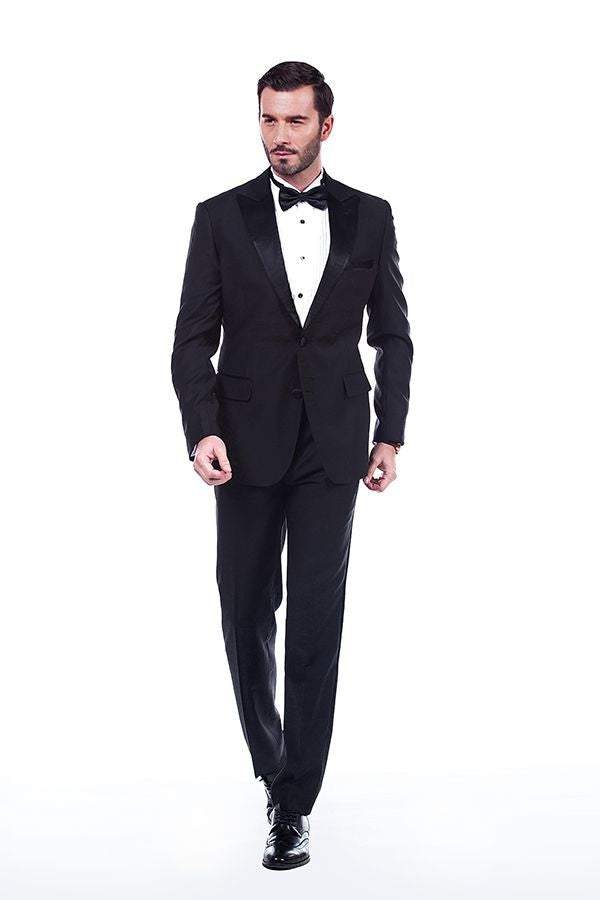 Unique Silk Peak Lapel Two Buttons Solid Black Wedding Suits for Men-Ballbella