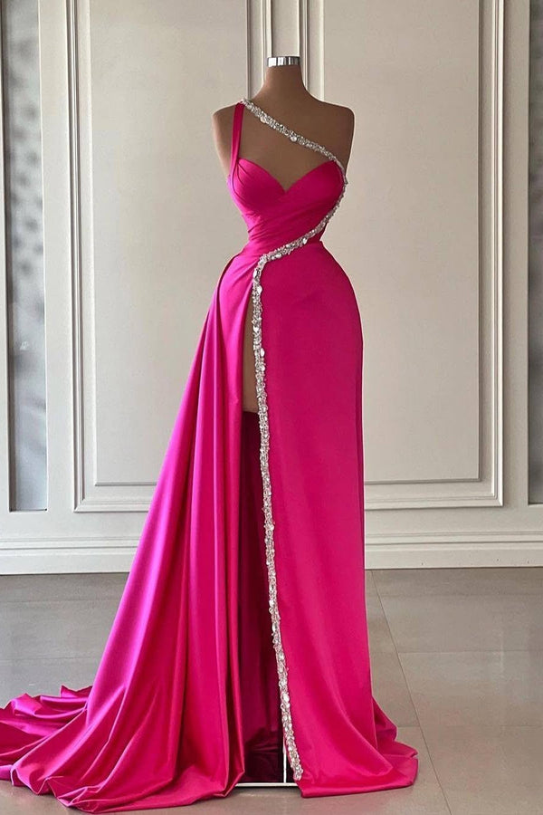 Unique Silver Beaded High Split Court Train Mermaid One shoulder Prom Dresses-Ballbella