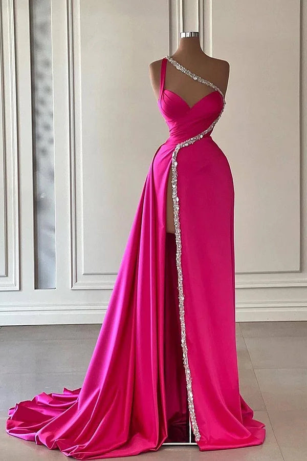 Unique Silver Beaded High Split Court Train Mermaid One shoulder Prom Dresses-Ballbella