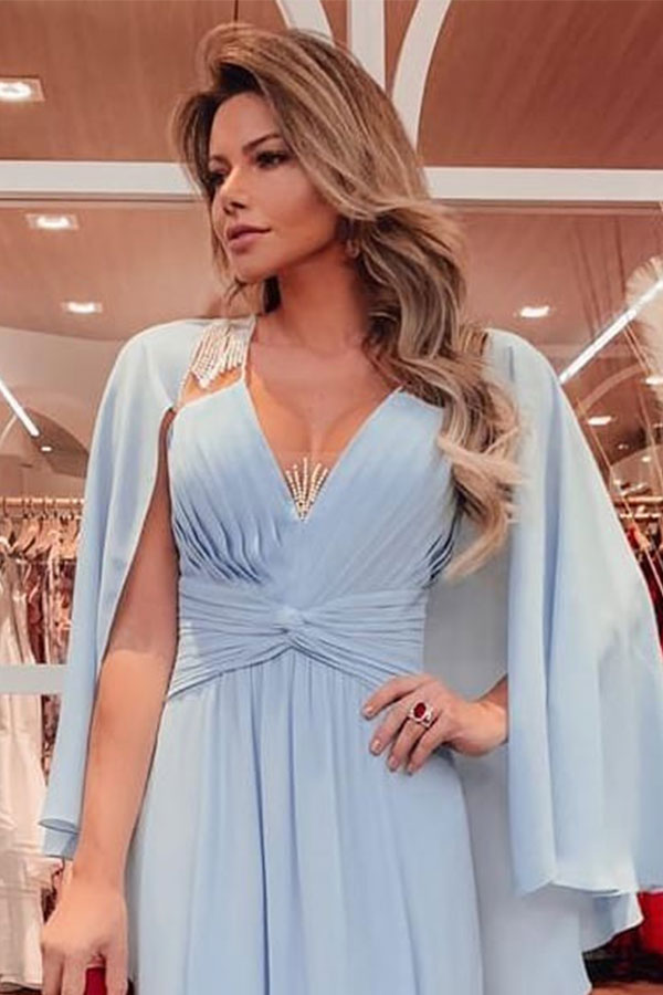 Ballbella offers Unique Sky Blue Beaded V-neck Soft Pleats Long Evening Gowns with Shawl On Sale at an affordable price from 100D Chiffon to A-line Floor-length skirts. Shop for gorgeous  Prom Dresses collections for special events.