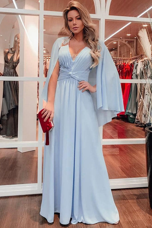 Ballbella offers Unique Sky Blue Beaded V-neck Soft Pleats Long Evening Gowns with Shawl On Sale at an affordable price from 100D Chiffon to A-line Floor-length skirts. Shop for gorgeous  Prom Dresses collections for special events.