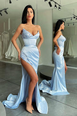 Unique Sky blue Stapless High-split sequined Prom Dress-Ballbella