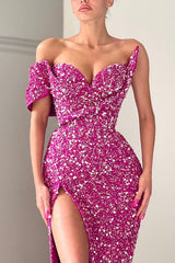 Unique Sparkle One-shoulder Sweetheart Mermaid Sequin Prom Dress-Ballbella