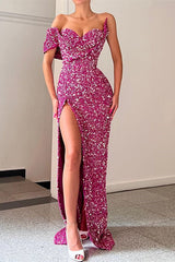 Unique Sparkle One-shoulder Sweetheart Mermaid Sequin Prom Dress-Ballbella