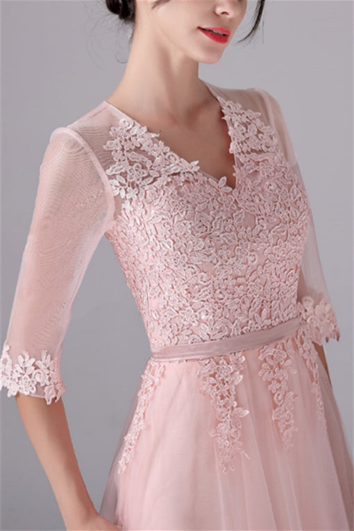 V-neck A-Line Floor Length Long sleeves Lace mother's dress-Ballbella