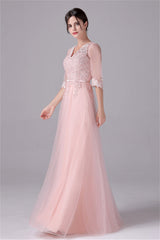 V-neck A-Line Floor Length Long sleeves Lace mother's dress-Ballbella