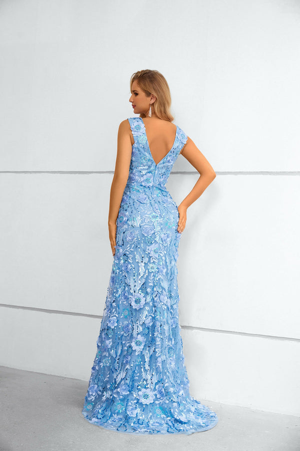 V-neck Appliques Lace Floor-length Sleeveless Open Back Mermaid Prom Dress-Ballbella