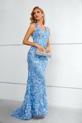 V-neck Appliques Lace Floor-length Sleeveless Open Back Mermaid Prom Dress-Ballbella