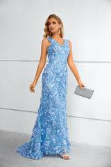 V-neck Appliques Lace Floor-length Sleeveless Open Back Mermaid Prom Dress-Ballbella