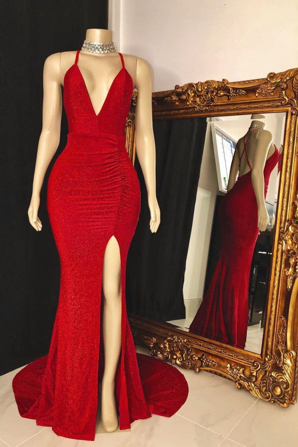 V-neck Cross Back Sleeveless Long Mermaid Prom Dresses-Ballbella