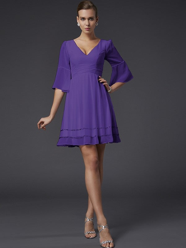 V-Neck Elegant 1/2 Sleeves Beading Short Chiffon Bridesmaid Dresses-Ballbella