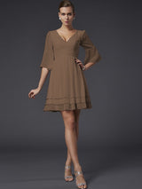 V-Neck Elegant 1/2 Sleeves Beading Short Chiffon Bridesmaid Dresses-Ballbella