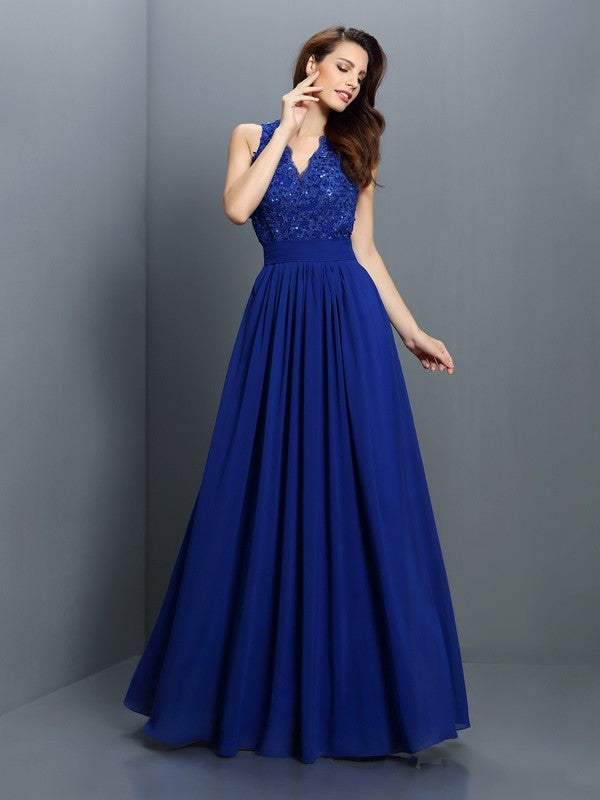 V-Neck Elegant Applique Sleeveless Long Chiffon Bridesmaid Dresses-Ballbella