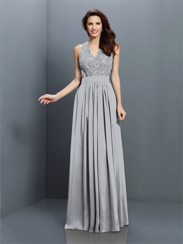 A-Line Charming V-neck Applique Sleeveless Long Chiffon Bridesmaid Dresses