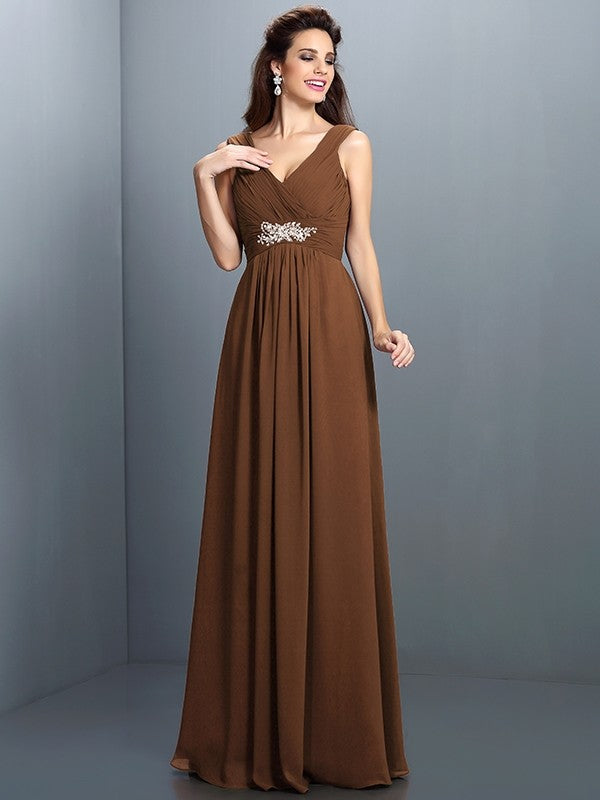 V-Neck Elegant Beading Pleats Sleeveless Long Chiffon Bridesmaid Dresses V-Neck Elegant Beading Pleats Sleeveless Long Chiffon Bridesmaid Dresses