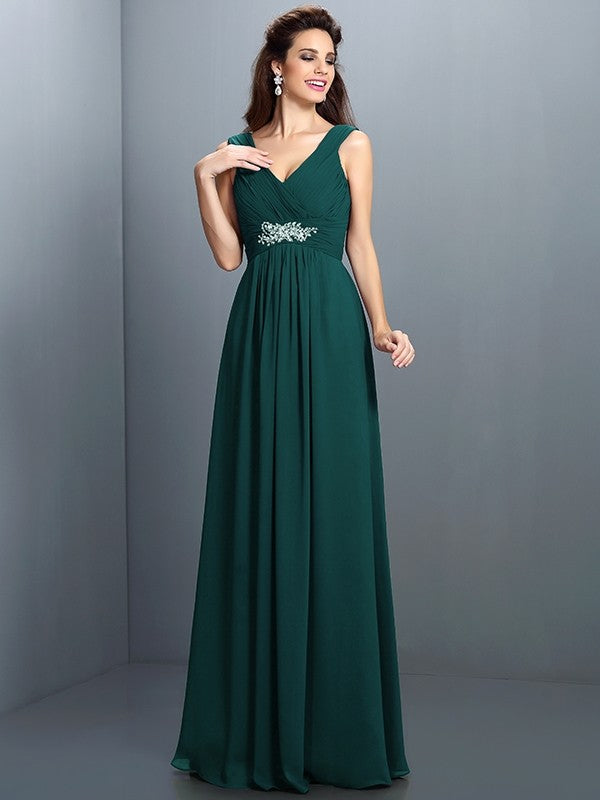 open lace back dress V-Neck Elegant Beading Pleats Sleeveless Long Chiffon Bridesmaid Dresses