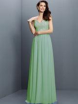A-Line Charming V-neck Lace Sleeveless Long Chiffon Bridesmaid Dresses