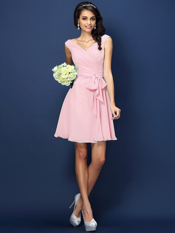 V-Neck Elegant Pleats Bowknot Sleeveless Short Chiffon Bridesmaid Dresses V-Neck Elegant Pleats Bowknot Sleeveless Short Chiffon Bridesmaid Dresses