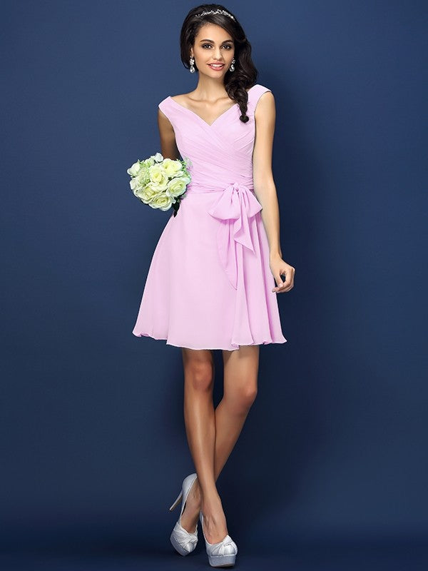 short pink chiffon bridesmaid dress Short Sleeve V-Neck Chiffon A-Line Bridesmaid Dress in Candy Pink, Candy Pink / 14
