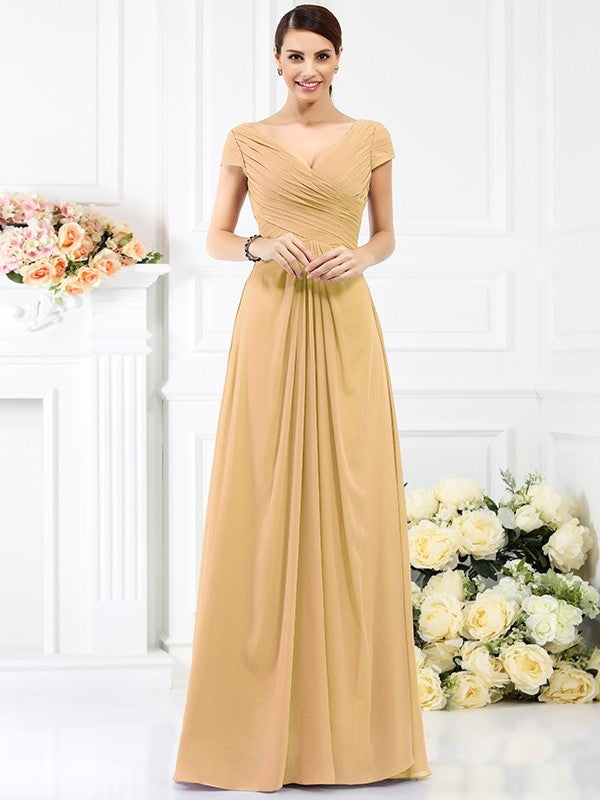 V-Neck Elegant Pleats Short Sleeves Long Chiffon Bridesmaid Dresses Ballbella V-Neck Elegant Pleats Short Sleeves Long Chiffon Bridesmaid Dresses Ballbella