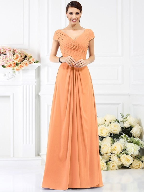 V-Neck Elegant Pleats Short Sleeves Long Chiffon Bridesmaid Dresses – Ballbella