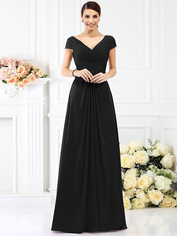 V-Neck Elegant Pleats Short Sleeves Long Chiffon Bridesmaid Dresses-Ballbella