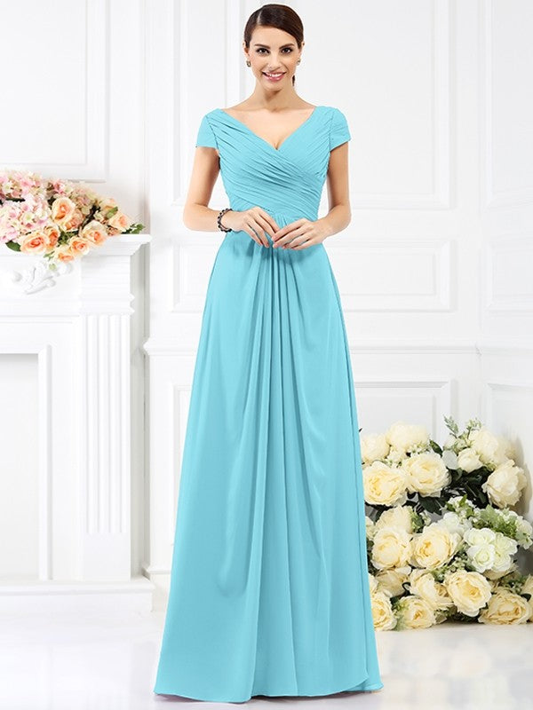 V-Neck Elegant Pleats Short Sleeves Long Chiffon Bridesmaid Dresses-Ballbella