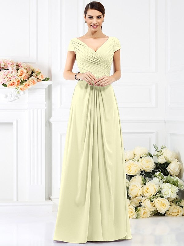 V-Neck Elegant Pleats Short Sleeves Long Chiffon Bridesmaid Dresses V-Neck Elegant Pleats Short Sleeves Long Chiffon Bridesmaid Dresses