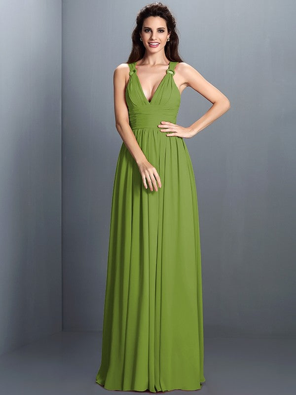 V-Neck Elegant Pleats Sleeveless Long Chiffon Bridesmaid Dresses-Ballbella