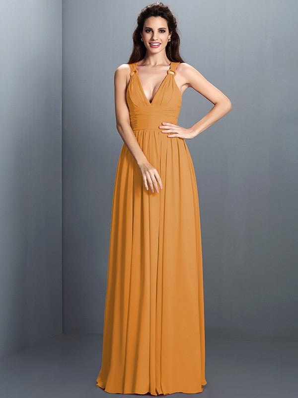 V-Neck Elegant Pleats Sleeveless Long Chiffon Bridesmaid Dresses-Ballbella