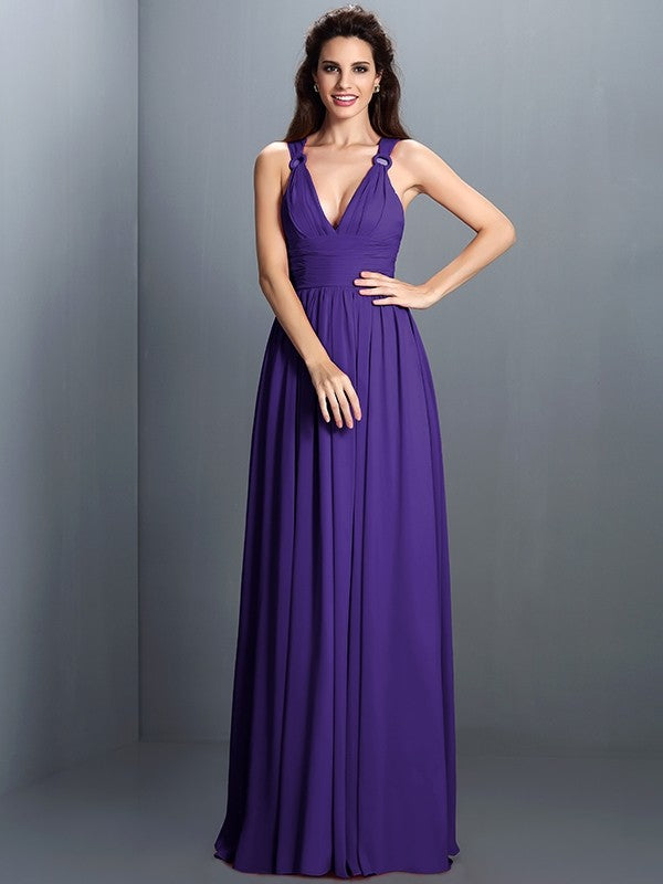V-Neck Elegant Pleats Sleeveless Long Chiffon Bridesmaid Dresses-Ballbella