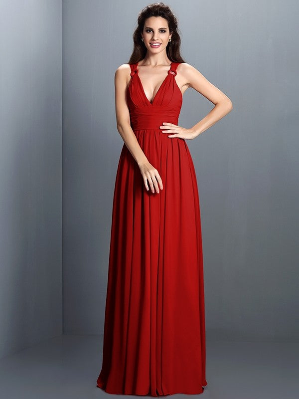 V-Neck Elegant Pleats Sleeveless Long Chiffon Bridesmaid Dresses-Ballbella