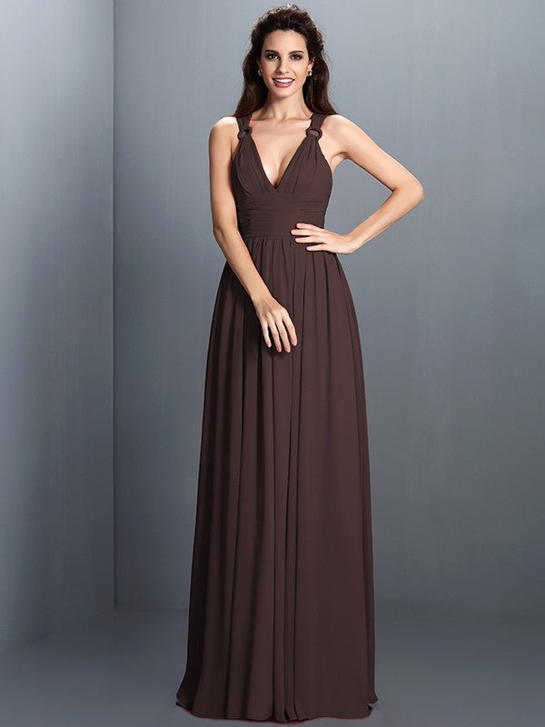 V-Neck Elegant Pleats Sleeveless Long Chiffon Bridesmaid Dresses-Ballbella