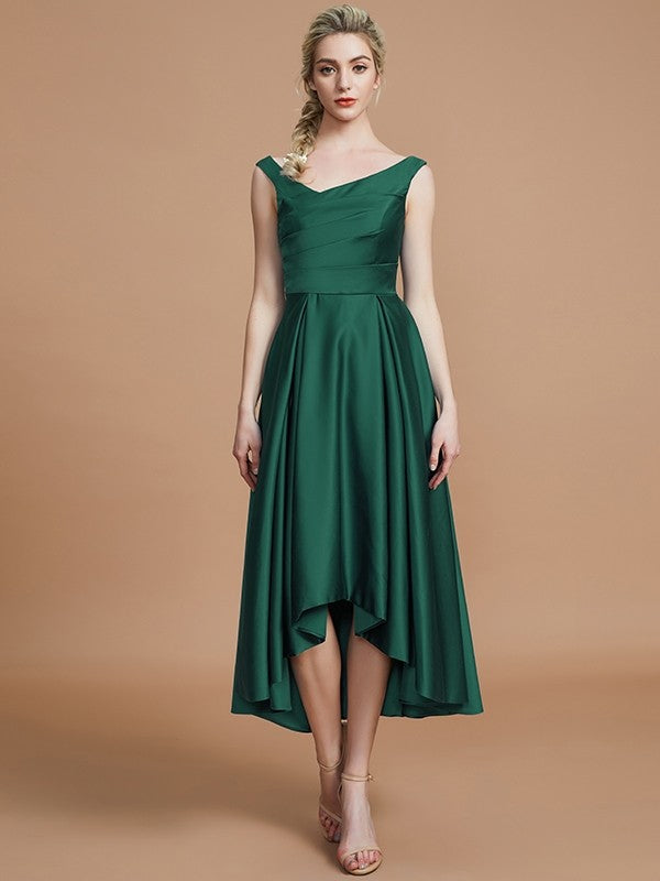 V-Neck Elegant Satin Asymmetrical Sleeveless Bridesmaid Dresses – Ballbella