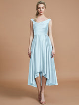 A-Line Charming V-neck Satin Asymmetrical Sleeveless Bridesmaid Dresses