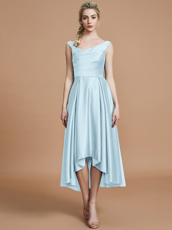 A-Line Charming V-neck Satin Asymmetrical Sleeveless Bridesmaid Dresses