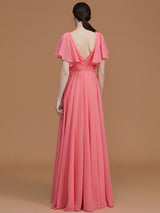 V-Neck Elegant Short Sleeves Ruched Chiffon Bridesmaid Dresses-Ballbella