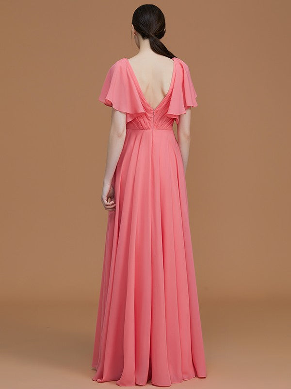 V-Neck Elegant Short Sleeves Ruched Chiffon Bridesmaid Dresses-Ballbella