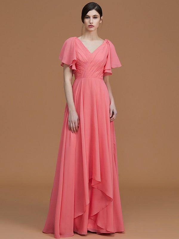 V-Neck Elegant Short Sleeves Ruched Chiffon Bridesmaid Dresses-Ballbella