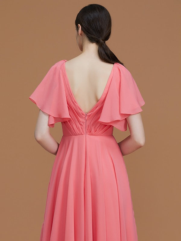 V-Neck Elegant Short Sleeves Ruched Chiffon Bridesmaid Dresses-Ballbella