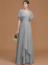 A-Line Charming V-neck Short Sleeves Ruched Chiffon Bridesmaid Dresses