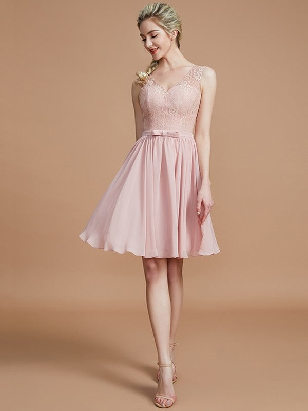 A-Line Charming V-neck Sleeveless Lace Short/Mini Chiffon Bridesmaid Dresses