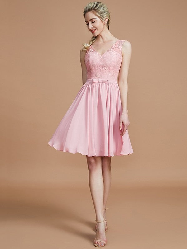 A-Line Charming V-neck Sleeveless Lace Short/Mini Chiffon Bridesmaid Dresses