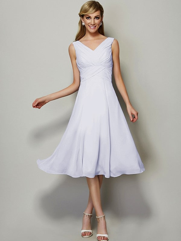 A-Line Charming V-neck Sleeveless Pleats Short Chiffon Bridesmaid Dresses