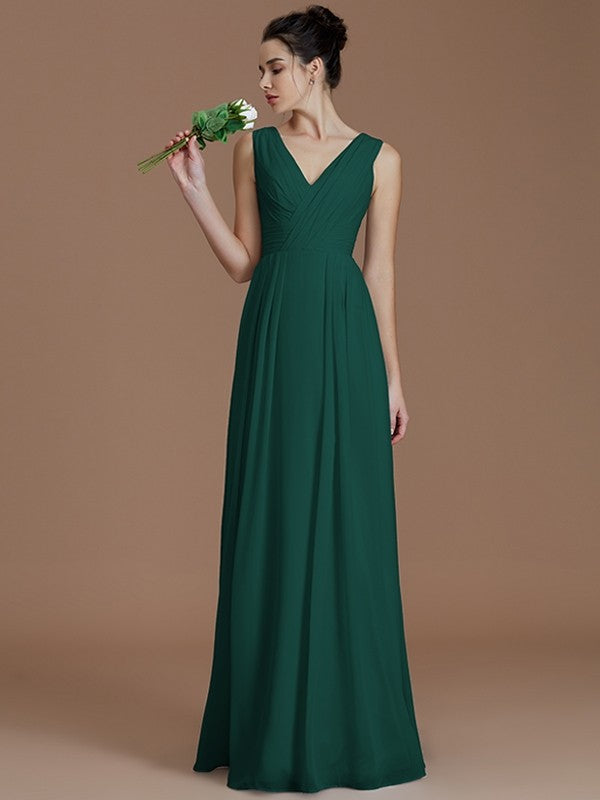 V-Neck Elegant Sleeveless Ruched Chiffon Bridesmaid Dresses-Ballbella