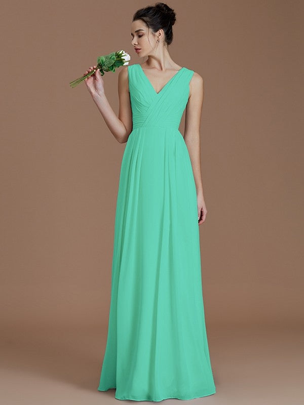 V-Neck Elegant Sleeveless Ruched Chiffon Bridesmaid Dresses-Ballbella